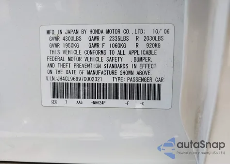 2007 Acura Tsx из США, поврежденный, VIN JH4CL96997C002321